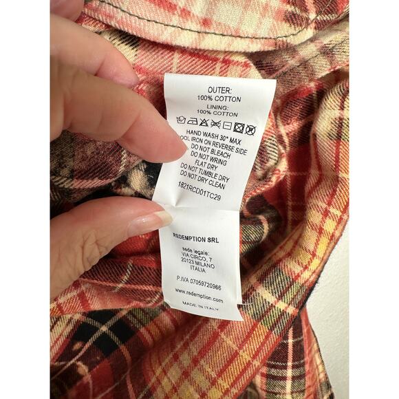 NWT Redemption Handmade Distressed Olive Military Shirt with Plaid Hem 44 / M - Picture 11 of 14